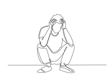Tek bir taslak çizimde elleri kafasında olan bir adam. Depresyondaki adamın sürekli çizimleri başını tutuyor. Düzenlenebilir vuruş.