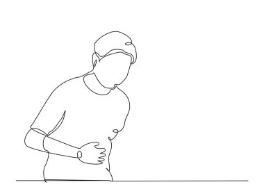 Bir adam, acı dolu bir yüz hatlarıyla karnını tutar ve çizim yapar. Mide Ache 'den Acı Çeken Adam' ın aralıksız çizimleri. Düzenlenebilir vuruş.