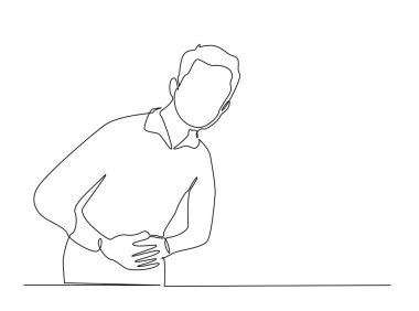 Bir adam, acı dolu bir yüz hatlarıyla karnını tutar ve çizim yapar. Mide Ache 'den Acı Çeken Adam' ın aralıksız çizimleri. Düzenlenebilir vuruş.