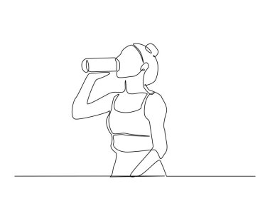 Şişenin ana hatlarından su içen sportif kadın çizim yapıyor. Şişeden su içen Sportif kadının sürekli çizimleri. Düzenlenebilir vuruş.