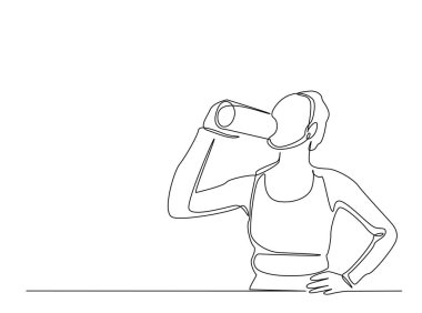 Şişenin ana hatlarından su içen sportif kadın çizim yapıyor. Şişeden su içen Sportif kadının sürekli çizimleri. Düzenlenebilir vuruş.