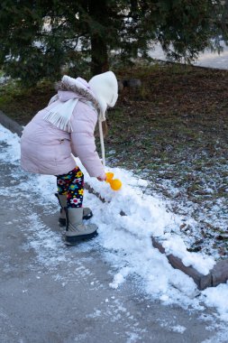 Pembe palto ve renkli pantolon giymiş genç bir çocuk mutlu bir şekilde parkta kar küremektedir. Zemin taze karla kaplıyken ağaçlar dingin bir zemin sağlıyor..