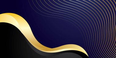 Lükslü stil soyut arka plan kombinasyonu koyu mavi ve siyah ile altın dalga aksanları ve ince dalgalı çizgiler