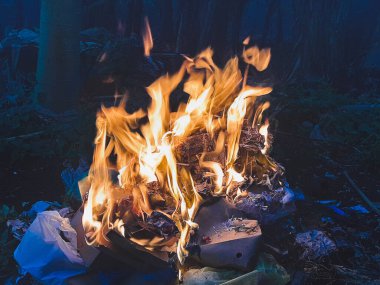 Parlak turuncu kamp ateşi, karanlık gece arkaplanına karşı yoğun bir şekilde yanar. Yakın çevreyi sıcak ışıkla aydınlatır..
