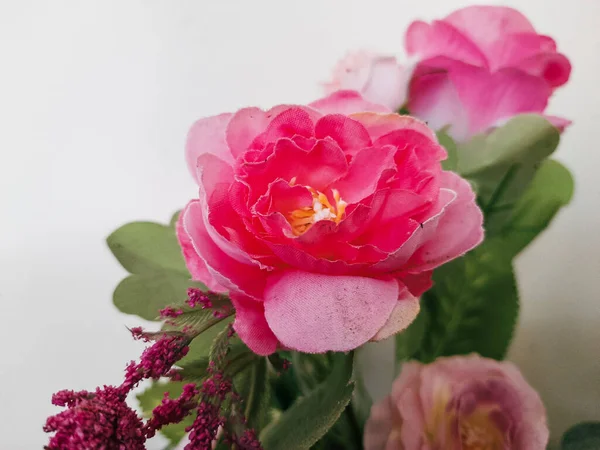 Görüntüyü kapat canlı suni pembe gül çiçekleri ile birlikte yeşil yapraklar ve açık arkaplan üzerinde küçük mor aksanlar..