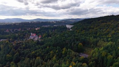 Stunning aerial footage showcasing magnificent vibrant forests and serene, picturesque mountains beneath cloudy skies