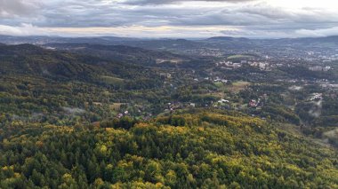 An aerial view showcasing the vibrant colors of forests alongside a distant urban cityscape under cloudy skies