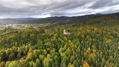 An aerial shot captures a majestic castle set among vibrant autumn foliage, beautifully highlighting natures splendor