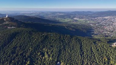 Stunning aerial photograph capturing lush green forests along with a vibrant city skyline against a clear blue sky
