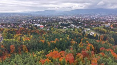 Kenar mahallelerin yakınlarındaki sonbahar ağaçları, uzak kasabalara karışan sonbahar renklerini yakalayan manzara.