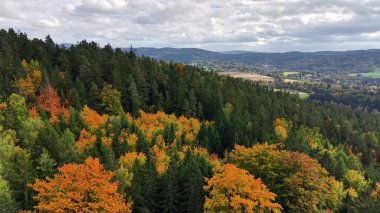 Sonbaharın renkleri yukarıdan, hareketli sonbahar yaprakları yuvarlanan yeşil kırsal ve uzak vadilerin üzerinde