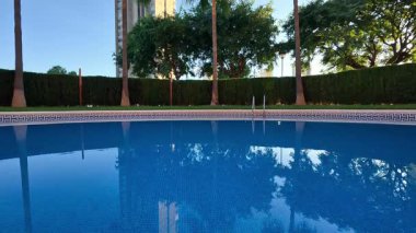 Dingin havuz manzarası, rahatlatıcı su ortamı canlı mozaikler ve sakin sabah ışığı.