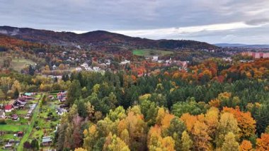 Tepeli kentin manzaralı sonbahar manzarası, komşuluk ve doğa içeren pitoresk sonbahar sahnesi