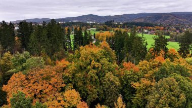 Kırsal sonbaharda tarlalar ve ormanlar, portakal ağaçlarının tepeleri ve parlak yeşil çayırlar, uzak mesafeler