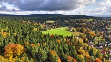 Sonbahar hava manzaralı çayır köyü, tarlaları tarayan çiftçi çam ve meşe ormanı, canlı turuncu