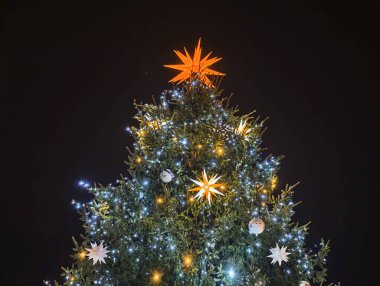 Akşamki tören için süslü firavun ağacı süslemesi Parlayan yıldız ve serin beyaz ışıklar, resmi sergi