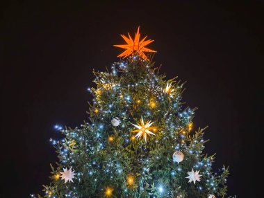 Akşamki tören için süslü firavun ağacı süslemesi Parlayan yıldız ve serin beyaz ışıklar, resmi sergi