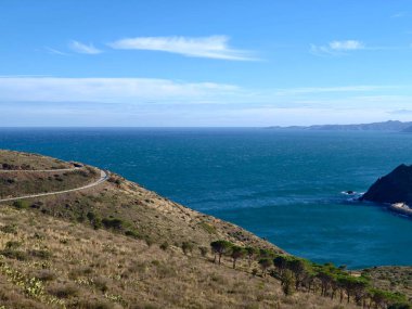 Geniş Okyanus Ufku Çimenli Önplanı ve Yumuşak Bulut oluşumları, Geniş Sakin Su, Sahil Ovası