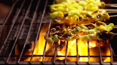 Bir sokak satıcısı Tayland 'daki bir gece pazarında alevli bir ateşin üzerinde salamura edilmiş sarı kalamar şişleri pişiriyor. Bu dinamik aşçılık çekimi, geleneksel Asya barbekü deniz ürünlerinin otantik atmosferini ve dumanlı sıcaklığını yakalar..