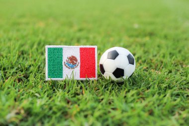 Meksika ulusal bayrağı ve yeşil çimen sahasında bir futbol topunun yer aldığı yüksek açılı bir çekim. Spor temalı web afişleri, blog yazıları ve Meksika futbolu tutkusunu kutlayan pazarlama malzemeleri için mükemmel..