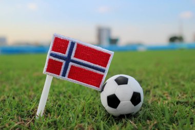 Norveç ulusal bayrağının geniş açı çekimi ve stadyum çimlerinde bir futbol topu. Uluslararası futbol turnuvası makaleleri, spor markalaşması ve Norveç 'in küresel atletik ruhu ve gururu için mükemmel..