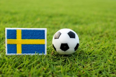 İsveç ulusal bayrağı canlı yeşil futbol stadyumu çimlerinin üzerinde İskandinav gururu ve uluslararası futbol müsabakalarını sembolize eden bir futbol topunun yanında sergilendi..