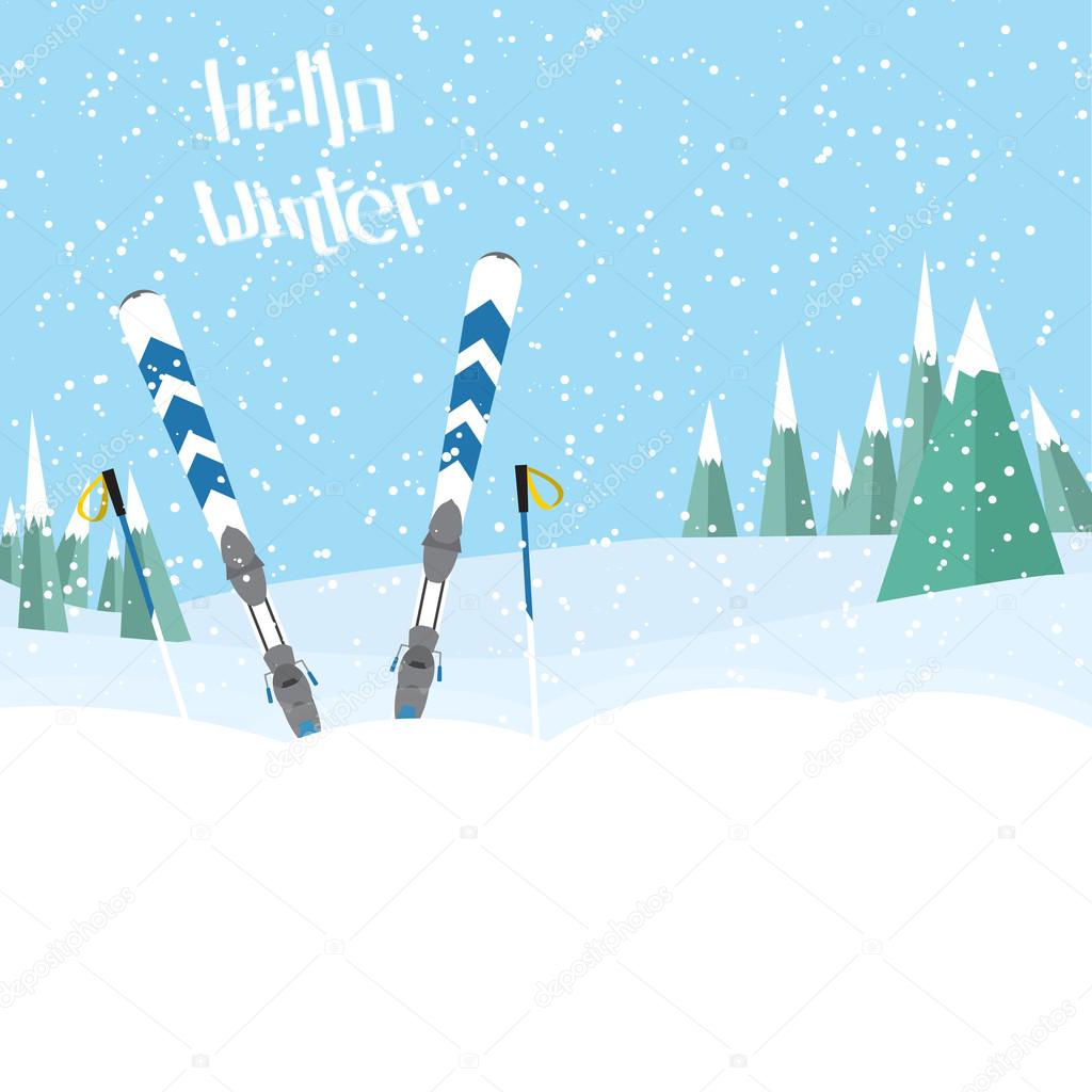 skiing in the forest standing in the snow with sticks.snowing. around trees.landscape flat design
