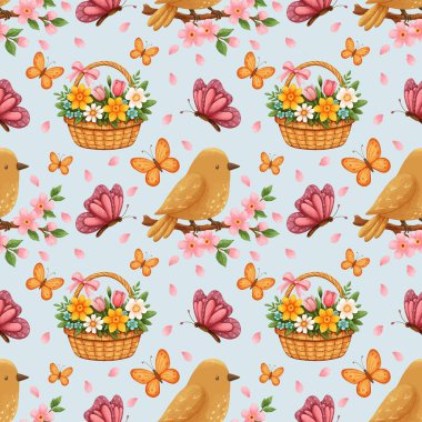 Bahar Kuşları Çiçekleri Kusursuz Desen