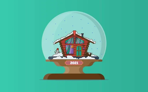 Una bola mágica con nieve y una casa cubierta de nieve dentro. Paisaje de invierno para Navidad. Ilustración vectorial de dibujos animados en estilo plano — Vector de stock