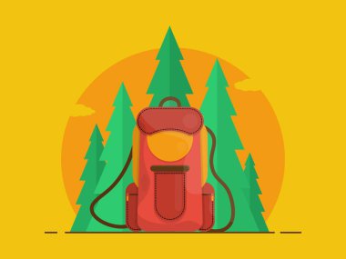 Sırt çantası doğa, orman ve bitki örtüsü. Düz biçimli vektör illüstrasyonu