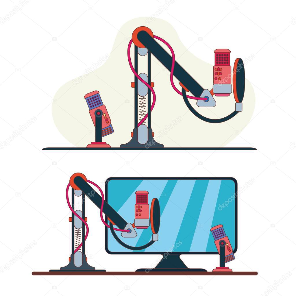 Studio desktop microphone with broadcast text over the air for podcasts, online communication and web conferencing. Vector illustration in a flat style. EPS10