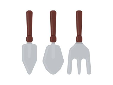 Bahçe çatalı ve kürek ikonu. Toprağı kazmak ve gevşetmek için bir çift küçük bahçe aleti..