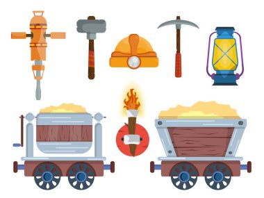 Kaynakların çıkarılması için maden araçları olan bir set. Maden arabaları, koruma ve aydınlatma..