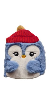 Kışın mavi desenli siyah gözlü penguen izole edilmiş, çocuk bölgeleri kavramı, kış çocuk karakterleri, oyuncaklar.