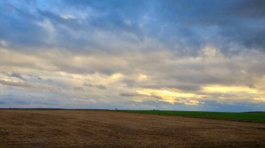 Kıştan önce buğdaylı gri sonbahar tarlası bulutlu mavi gökyüzünün arka planında. Tarım, tarım ve buğday yetiştirme kavramı. Tarla çiftçiliğinin mevsimsel bakımı.