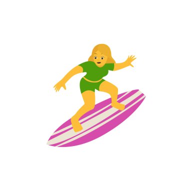 Sörfçü kadın pembe sörf tahtası spor kadınları emoji sembolü ikon vektör illüstrasyonu izole edilmiş.