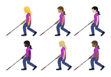 Görme engelli bir kör kadın baston hareketli bir kadınla yürüyor insanlar emoji sembolü sembolü çizimi izole edilmiş düz şekilde yürüyorlar
