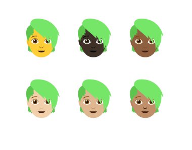 Yeşil kısa saçlı, güler yüzlü, sembol simgesi ikon vektör illüstrasyonlu, ikili olmayan kişi.