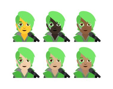 Pop yıldızı müzik müzisyeni şarkıcı yeşil saçlıyı gösterdi rock ikili olmayan emoji sembolü işaret simgesi çizimi izole edildi