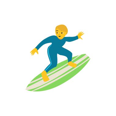 Sörfçü adam. Okyanus dalgası spor emoji sembolü simge çizimi. Düz yeşil sörf tahtası.