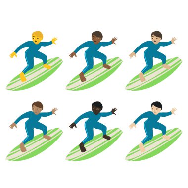 Sörfçü adam. Okyanus dalgası spor emoji sembolü simge çizimi. Düz yeşil sörf tahtası.