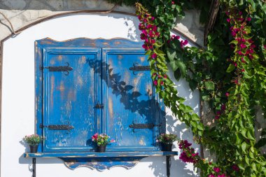 Beyaz bir duvarın üzerindeki kır mavisi bir pencere saksı çiçekleri ve mor asmalarla süslenir..