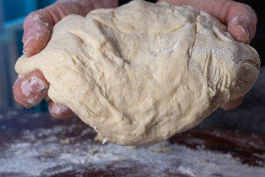 Fırınlanmış eller taze yoğurulmuş hamur topunu nazikçe tozlu bir yüzey üzerinde kavrayıp pişirmeye hazırlar..