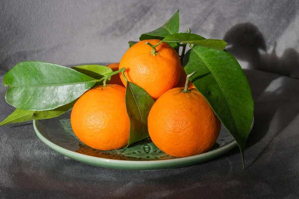 Yeşil yapraklı dört canlı mandalina yumuşak, siyah bir arkaplana karşı yeşil bir tabakta dinleniyor..