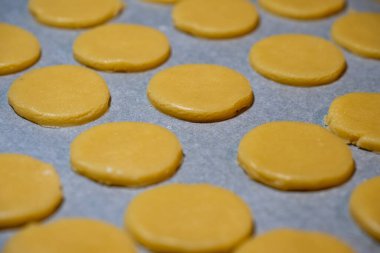 Fırın için hazır, parşömen astarlı pişirme tepsisi üzerine dizilmiş saf, yuvarlak kurabiye hamuru diskleri..