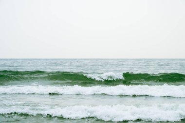 a series of green-grey waves rolling towards the shore under a flat, white overcast sky, emphasizing the rhythmic pattern of the white foam crests.