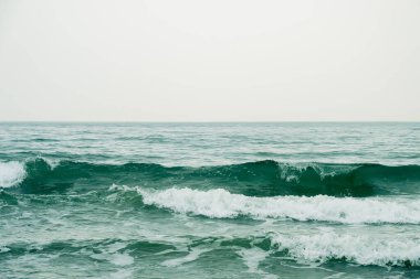 Yeşil-gri bir dalga kıyıya yakın kıvrılıp kırılıyor ufukta görünen uzak bir kara şeridi soluk, bulutlu bir gökyüzünün altında..