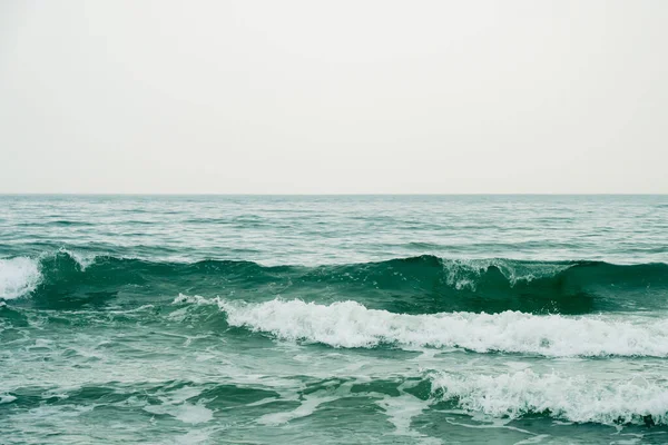 Yeşil-gri bir dalga kıyıya yakın kıvrılıp kırılıyor ufukta görünen uzak bir kara şeridi soluk, bulutlu bir gökyüzünün altında..