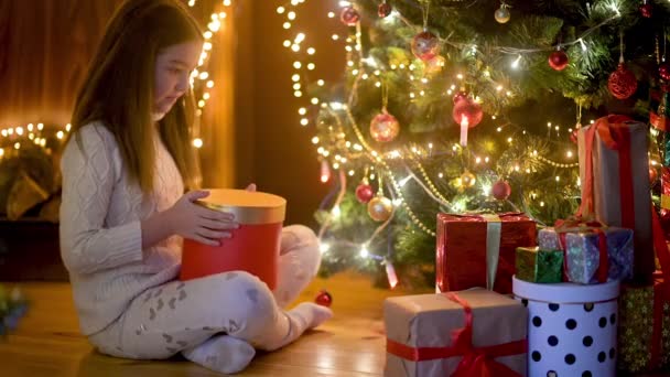 Christmas Spirit Cute Little Girl Sitting Floor Christmas Tree Opens — Stock Video