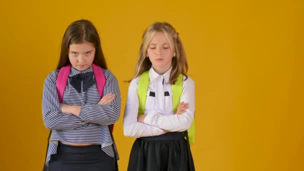 Two Schoolgirls School Uniforms Backpacks Friendly Turn Away Each Other — Stock Video